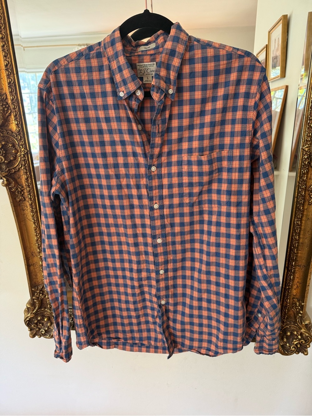J. Crew Men’s Navy and Orange Plaid Button-Down Shirt